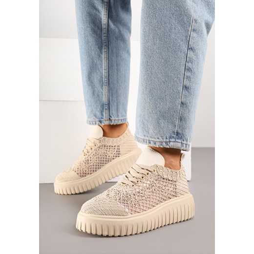 Beżowe Ażurowe Sneakersy Vices na Grubej Podeszwie z Tłoczeniem Luminise ze sklepu born2be.pl w kategorii Buty sportowe damskie - zdjęcie 181225888