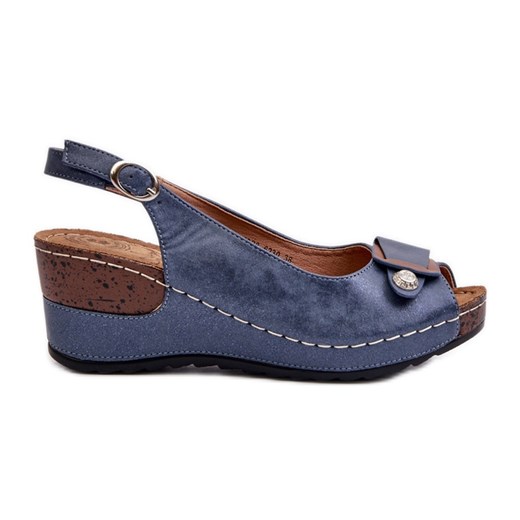 Damskie Lekkie Sandały Na Koturnie Comfort Shoes Niebieskie Efravia ze sklepu ButyModne.pl w kategorii Sandały damskie - zdjęcie 181235925