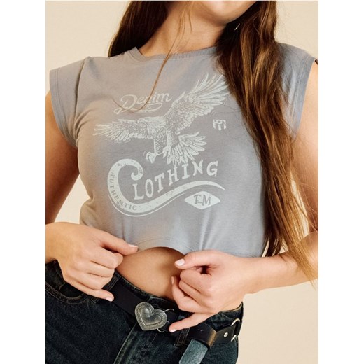 Sinsay - Bawełniany crop top z nadrukiem - szary ze sklepu Sinsay w kategorii Bluzki damskie - zdjęcie 181242049