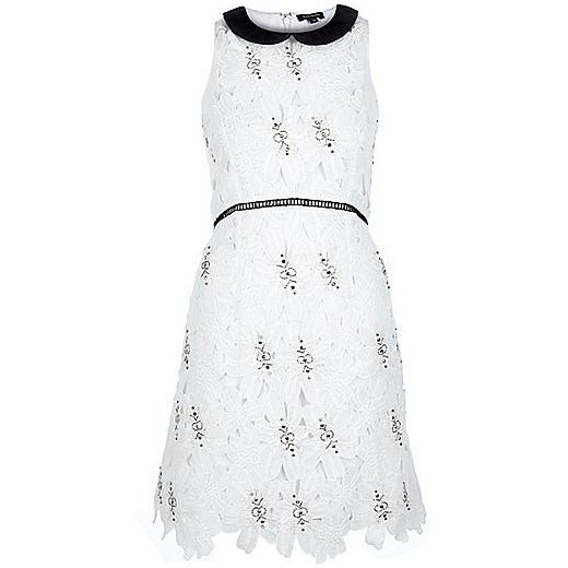 White embellished lace A-line dress river-island bialy sukienki koronkowe