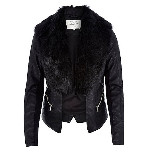 Black leather-look faux fur jacket river-island czarny Kurtki damskie skórzane