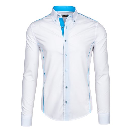 Koszula męska BOLF 5722 biało-błękitna - BIAŁO-BŁĘKITNY denley-pl bialy Koszule z długim rękawem męskie