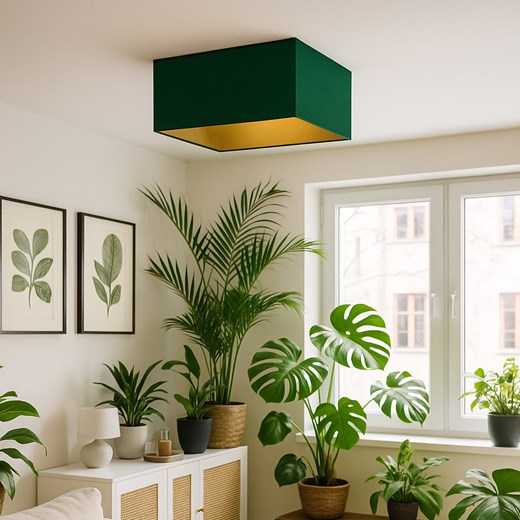 Lampa sufitowa do salonu nad stół ALABAMA GOLD z zielonobutelkowym abażurem 40x40 cm ze złotym wnętrzem ze sklepu Lysne w kategorii Lampy sufitowe - zdjęcie 181860896