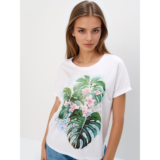 Mohito - T-shirt z roślinnym nadrukiem - kremowy ze sklepu Mohito w kategorii Bluzki damskie - zdjęcie 181910667