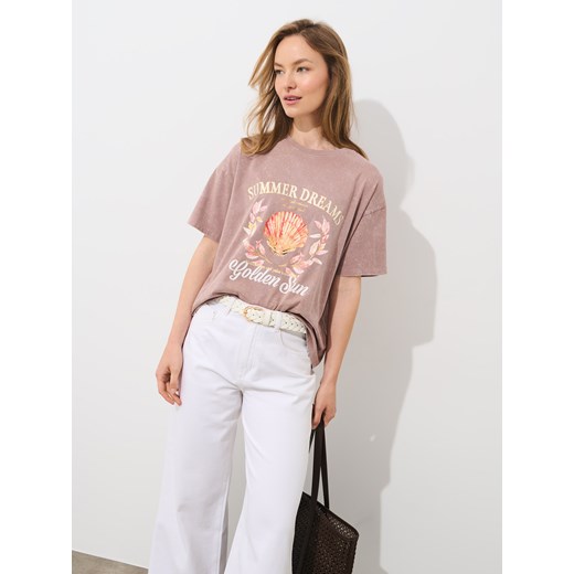 Mohito - Bawełniany t-shirt z nadrukiem - beżowy ze sklepu Mohito w kategorii Bluzki damskie - zdjęcie 181911665
