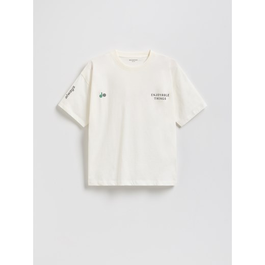 Reserved - T-shirt oversize z nadrukiem - złamana biel Reserved 140 (9 lat) Reserved