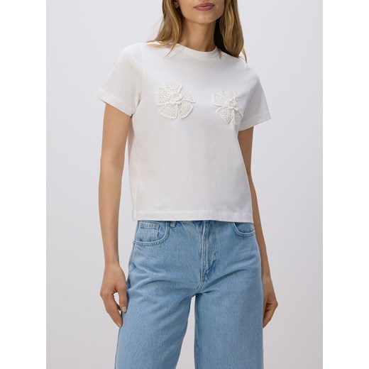 Reserved - T-shirt z szydełkowanymi aplikcjami - złamana biel Reserved L Reserved