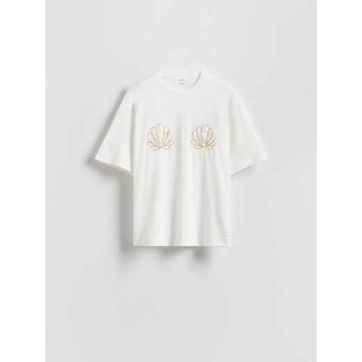 Reserved - T-shirt z ozdobną aplikacją - złamana biel Reserved M Reserved