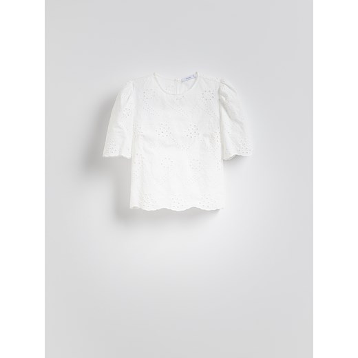 Reserved - Ażurowa bluzka z bufkami - biały Reserved L Reserved