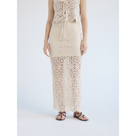 Reserved - Ażurowa spódnica maxi - kremowy Reserved L Reserved