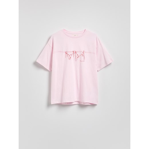 Reserved - Bawełniany t-shirt z nadrukiem - pastelowy róż ze sklepu Reserved w kategorii Bluzki damskie - zdjęcie 181919566