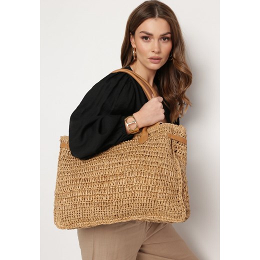 Beżowa Duża Torebka Tote Plażowa z Plecionki w Stylu Boho Delmirra ze sklepu born2be.pl w kategorii Torby letnie - zdjęcie 181920775