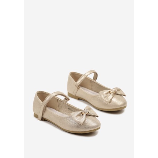 Złote Balerinki z Metalicznym Połyskiem i Skórzaną Wkładką Ozdobione Kokardką 30 wyprzedaż born2be.pl