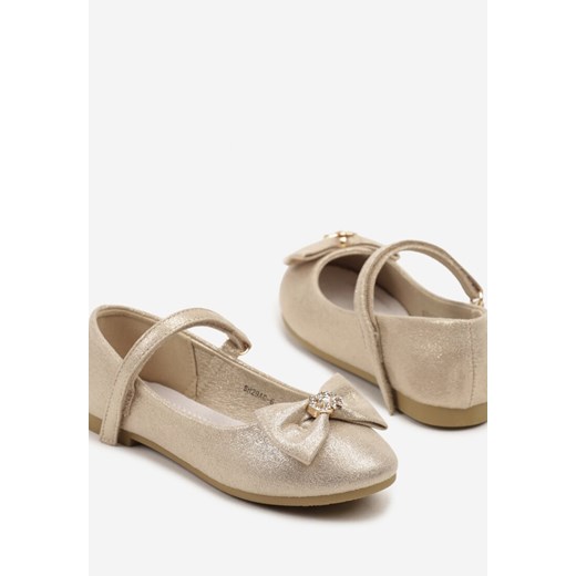 Złote Balerinki z Metalicznym Połyskiem i Skórzaną Wkładką Ozdobione Kokardką 33 okazja born2be.pl