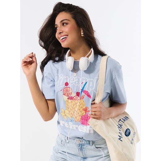 Sinsay - Bawełniana koszulka z motywem ananasa - błękitny Sinsay XS Sinsay