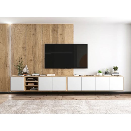 Komplet wiszących szafek rtv dąb wotan + biały - Avila 15X ze sklepu Edinos.pl w kategorii Szafki RTV - zdjęcie 181930428