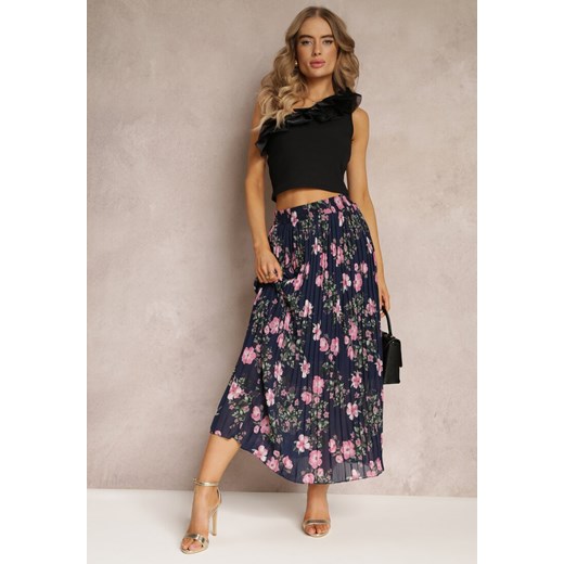 Granatowa Spódnica Ozdobiona Plisami z Gumką w Pasie i Elastyczną Podszewką Renee ONE SIZE renee.pl