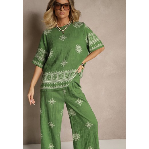 Ciemnozielony Komplet Boho z Wiskozy Szerokie Spodnie i T-shirt z Haftem Zeirae Renee L renee.pl wyprzedaż