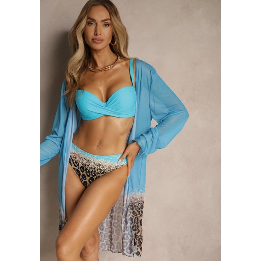 Jasnoniebieski Komplet Bikini Majtki Figi Biustonosz i Narzutka w Panterkę Paselina ze sklepu renee.pl w kategorii Stroje kąpielowe - zdjęcie 181938097