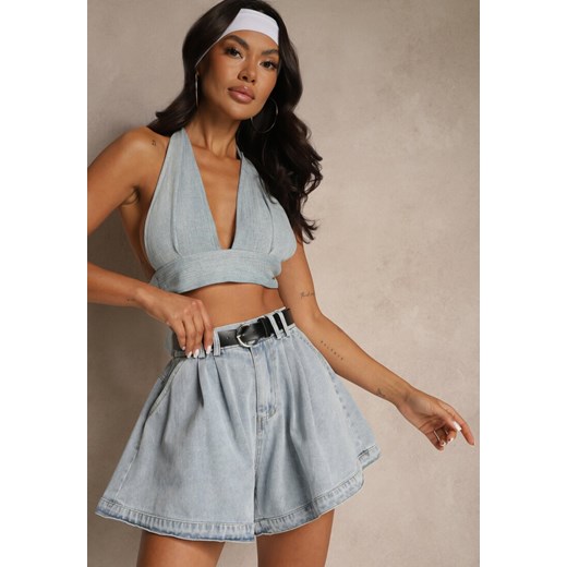 Jasnoniebieskie Szorty z Bawełny High Waist Ozdobione Paskiem Saromine ze sklepu renee.pl w kategorii Szorty - zdjęcie 181938158