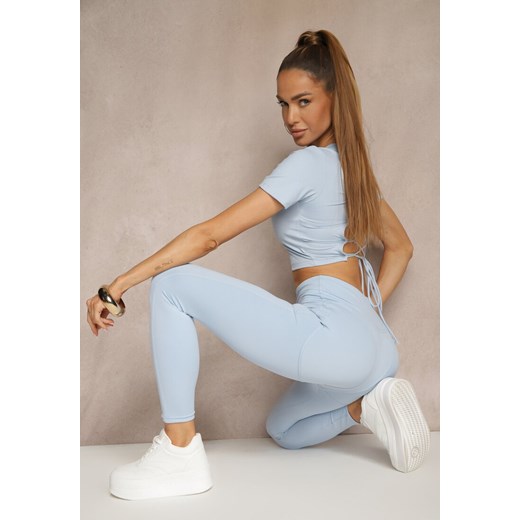 Jasnoniebieskie Legginsy z Ozdobnymi Przeszyciami z Efektem Modelowania Carittia ze sklepu renee.pl w kategorii Spodnie damskie - zdjęcie 181938846