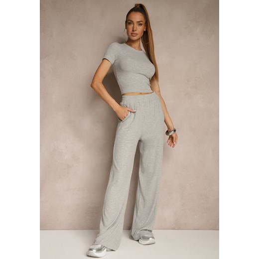 Szary Komplet z Bawełny T-shirt Typu Crop Top i Spodnie Wide Leg Nelisandra ze sklepu renee.pl w kategorii Komplety i garnitury damskie - zdjęcie 181938926