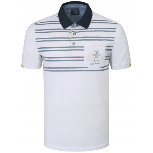 Koszulka Polo - Męska - Pako Jeans - Biała, Paski i Nadruk TSPJNSpoloLEADbi ze sklepu JegoSzafa.pl w kategorii T-shirty męskie - zdjęcie 181940485