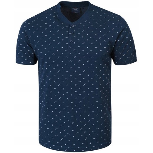 Męski T-Shirt, Dekolt z Guzikami - Pako Jeans - Granatowy, Drobny Wzór TSPJNStinoGR ze sklepu JegoSzafa.pl w kategorii T-shirty męskie - zdjęcie 181940588