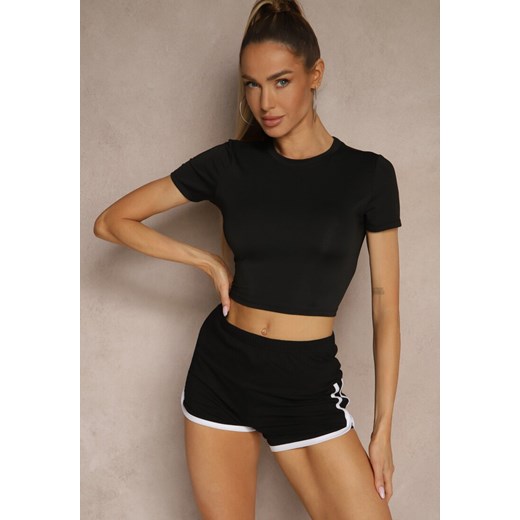 Czarny Dopasowany T-shirt z Wiskozą o Kroju Crop Top Folaviela ze sklepu renee.pl w kategorii Bluzki damskie - zdjęcie 181942957
