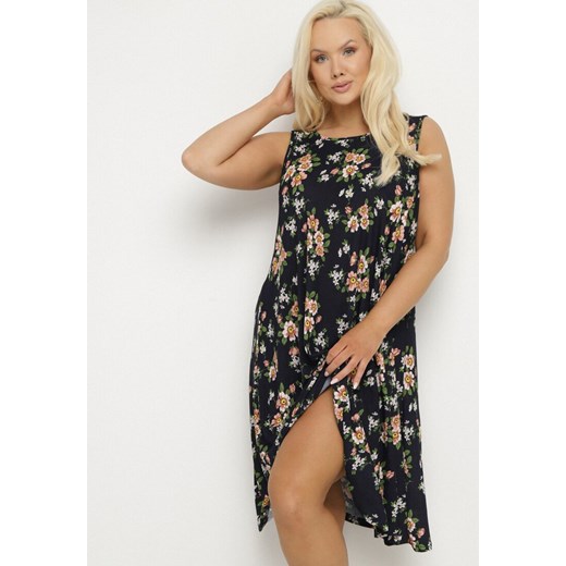 Granatowo-Różowa Trapezowa Sukienka Bez Rękawów o Rozkloszowanym Kroju w Kwiaty 3XL promocyjna cena born2be.pl