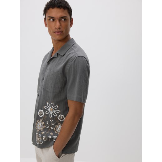 Reserved - Koszula regular z dodatkiem lnu - ciemnozielony ze sklepu Reserved w kategorii Koszule męskie - zdjęcie 181946848