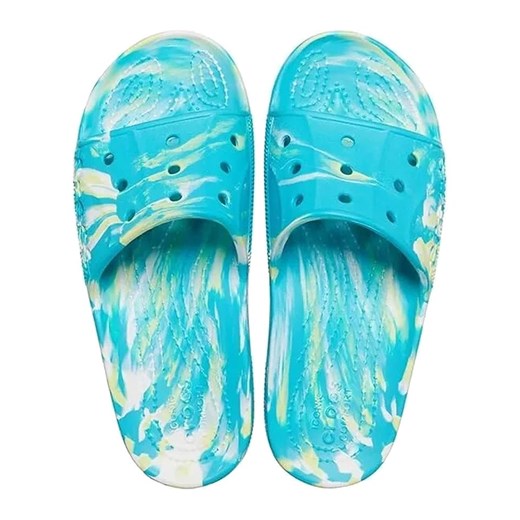 Klapki damskie Crocs na płaskiej podeszwie niebieskie casualowe z nadrukami
