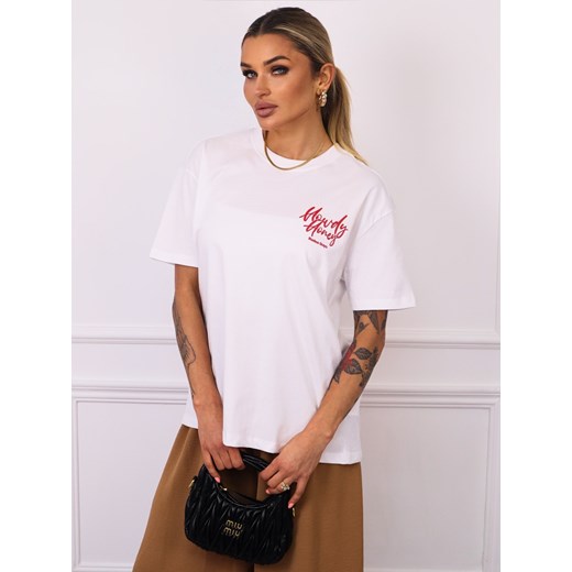 T-SHIRT Z CZERWONYM NAPISEM I APLIKACJĄ NA PLECACH- BIAŁY ze sklepu olika.com.pl w kategorii Bluzki damskie - zdjęcie 181952638