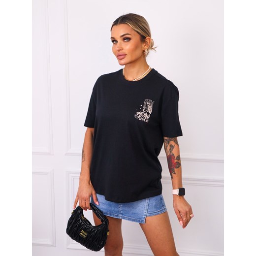 T-SHIRT Z BEŻOWĄ APLIKACJĄ Z PRZODU I NA PLECACH- CZARNY ze sklepu olika.com.pl w kategorii Bluzki damskie - zdjęcie 181952639