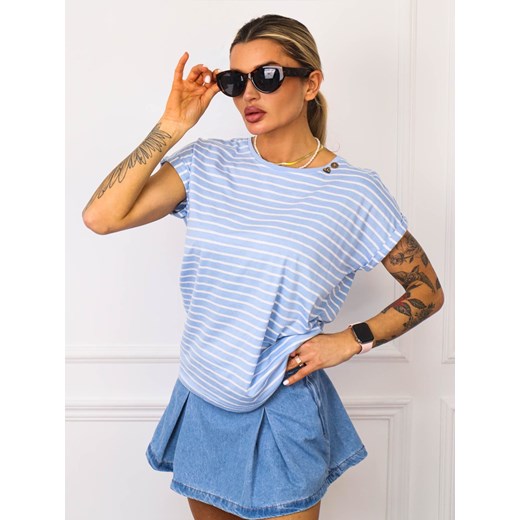 T-SHIRT W PASKI Z OZDOBNYMI GUZIKAMI- NIEBIESKI ze sklepu olika.com.pl w kategorii Bluzki damskie - zdjęcie 181952757