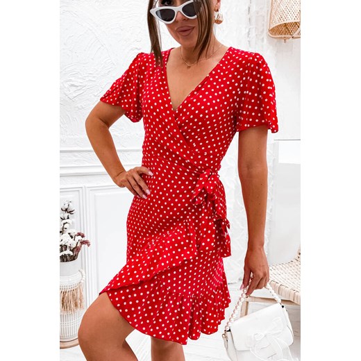 SUKIENKA KOPERTOWA W KROPKI Z PASKIEM- CZERWONA Olika XL/XXL okazyjna cena olika.com.pl