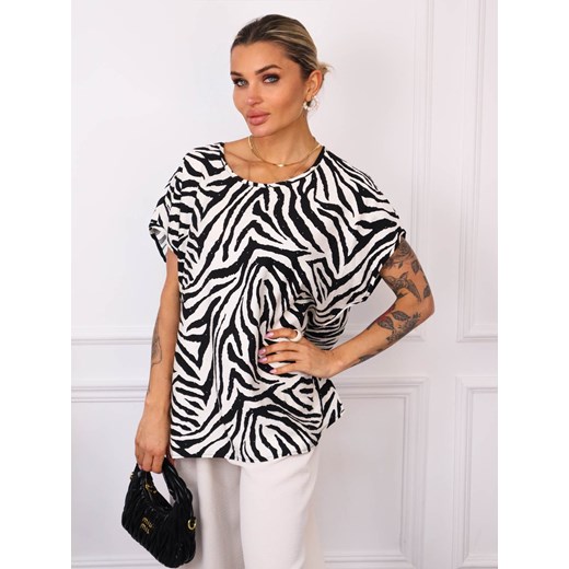 T-SHIRT OVERSIZE W ZEBRĘ Z OZDOBNYMI CYRKONIAMI- CZARNY ze sklepu olika.com.pl w kategorii Bluzki damskie - zdjęcie 181953007