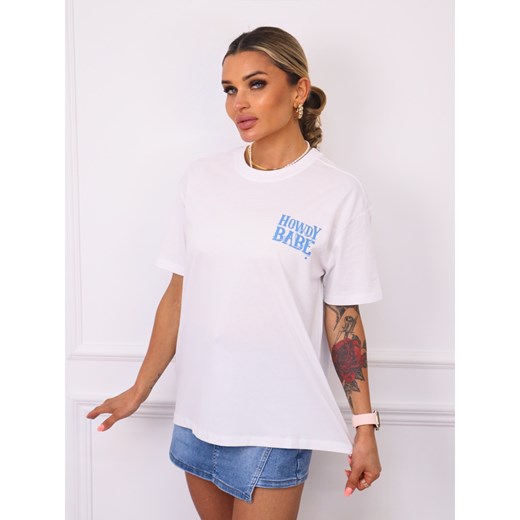 T-SHIRT Z NIEBIESKIM NAPISEM Z PRZODU I NA PLECACH- BIAŁY ze sklepu olika.com.pl w kategorii Bluzki damskie - zdjęcie 181953048