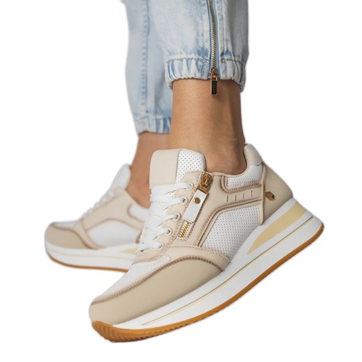 Beżowe sneakersy sportowe zdobione suwakiem beżowy ze sklepu ButyModne.pl w kategorii Buty sportowe damskie - zdjęcie 181955687
