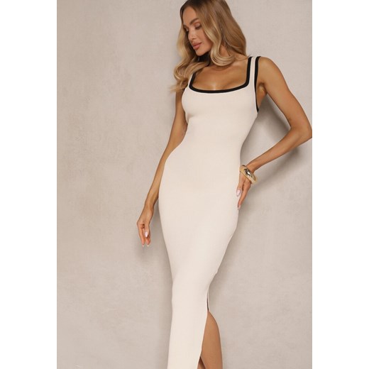 Beżowo-Czarna Sukienka z Wiskozą Typu Bodycon z Prążkowanego Materiału Erilwenis ze sklepu renee.pl w kategorii Sukienki - zdjęcie 181968167