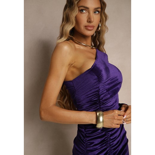 Fioletowa Asymetryczna Sukienka z Welurowej Tkaniny z Marszczeniem i Rozcięciem Renee L wyprzedaż renee.pl