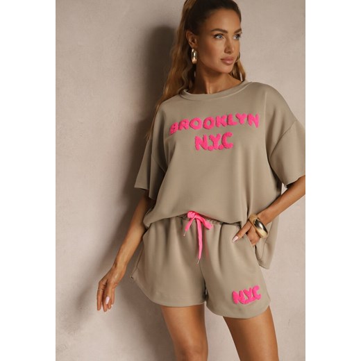 Ciemnobeżowy Komplet z Wiskozą o Fasonie Oversize T-shirt i Szorty Lirafina ze sklepu renee.pl w kategorii Komplety i garnitury damskie - zdjęcie 181973597