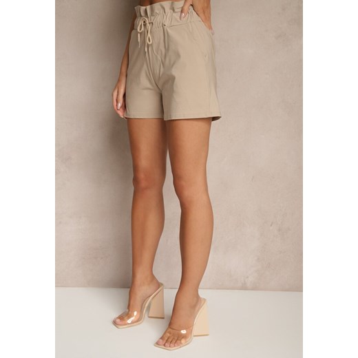 Beżowe Szorty z Bawełną High Waist z Ozdobnym Sznurkiem Axemia Renee S renee.pl