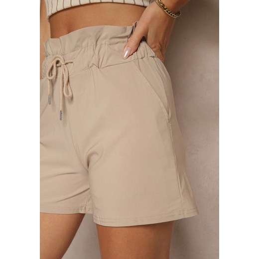 Beżowe Szorty z Bawełną High Waist z Ozdobnym Sznurkiem Axemia Renee M renee.pl