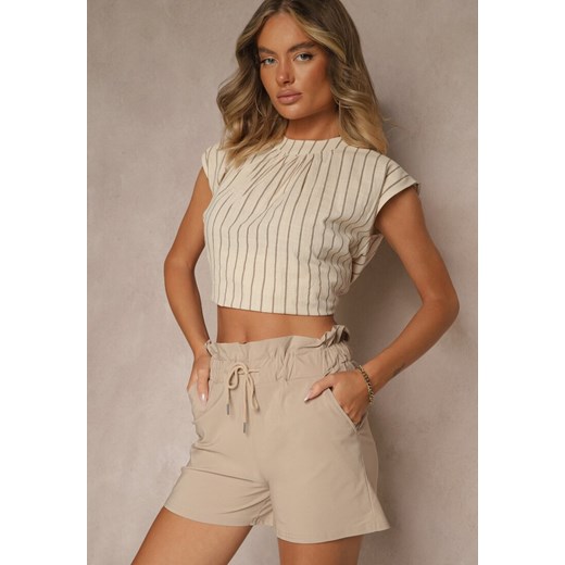 Beżowe Szorty z Bawełną High Waist z Ozdobnym Sznurkiem Axemia ze sklepu renee.pl w kategorii Szorty - zdjęcie 181974718