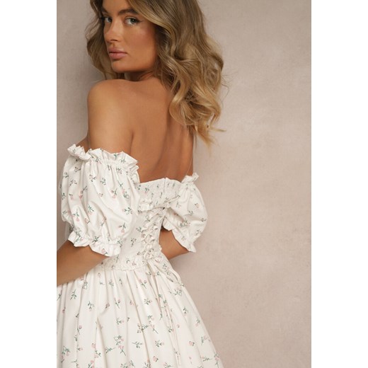 Biała Sukienka Vices Ozdobiona Wiązaniem Falbankami i Bufkami z Kwiatami Tolilea Renee L renee.pl
