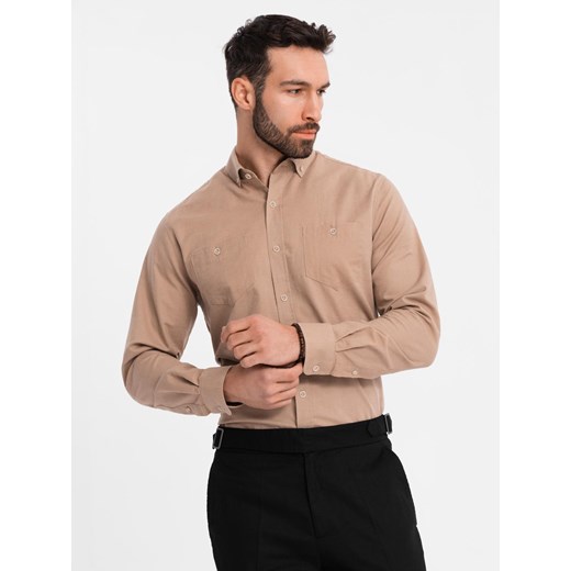 Koszula męska lniana z klasycznym kołnierzykiem i kieszeniami REGULAR FIT – jasnobrązowa V7 OM-SHCS-0134 ze sklepu ombre w kategorii Bluzy męskie - zdjęcie 181979267