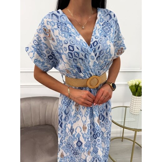 Niebiesko-Kremowa Sukienka z Paskiem Modnakiecka.pl 42 ModnaKiecka.pl