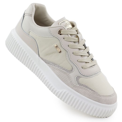 Skórzane sneakersy damskie beżowe eVento 8240 beżowy ze sklepu ButyModne.pl w kategorii Buty sportowe damskie - zdjęcie 181985079