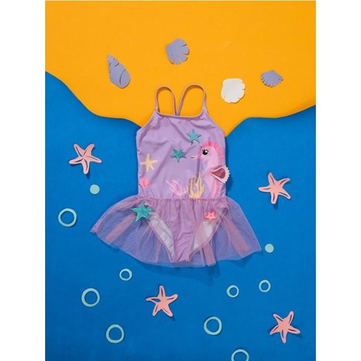 Sinsay - Kostium kąpielowy z aplikacjami 3d wykończony tiulem - fioletowy ze sklepu Sinsay w kategorii Stroje kąpielowe - zdjęcie 181998537